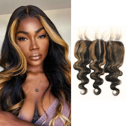 AUROO 13x6 Ombre Human Hair Frontal Only (150% Density, 18 IN), 12A Virgin Highlight Ear to Ear Lace HD Transparent Body Wave #27 Honey Blonde Skunk Stripe Frontal Pre Plucked Larger Free Deep Parting