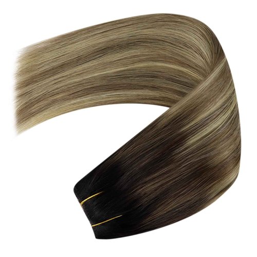 YoungSee Wire Hair Extensions Balayage Wire Hair Extensions Real Human Hair Ombre Fish Line Extensions Dark Brown Roots to Medium Brown with Blonde Dyable Remy Hair 14Inch 80G