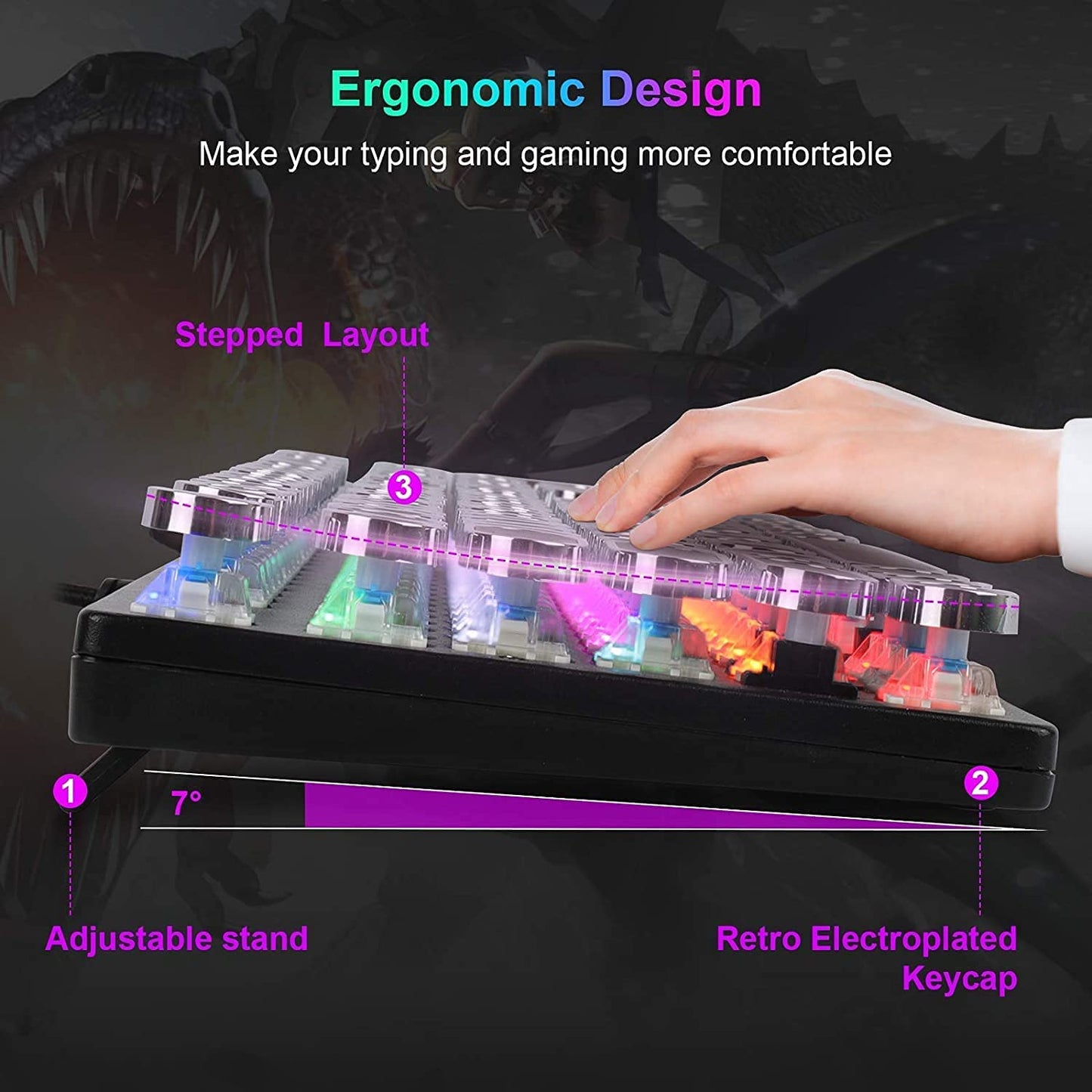 YSCP Typewriter Style Mechanical Gaming Keyboard LED Backlit Wired with Blue Switch Retro Round Keycap 104 Keys Keyboard (Black 104 Keys LED)