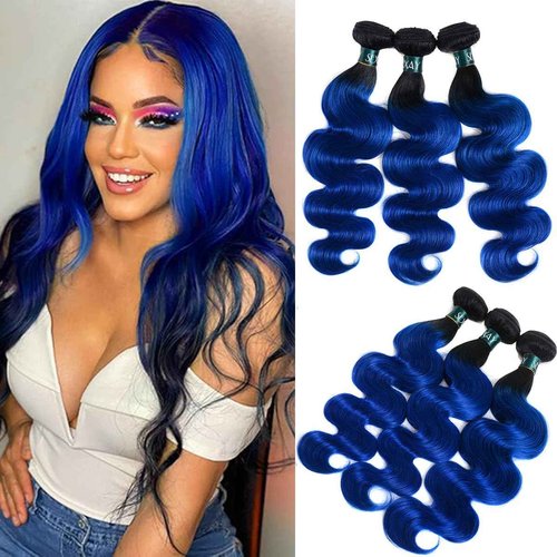 SEXAY Ombre Blue Bundles Hair Body Wave Brazilian Virgin Human Hair 3Bundles 1b/blue Body Wave Unprocessed 2 Tone Blue Virgin Bundles for Women (141618, Body 1b/Blue)