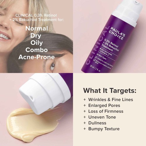 Paula's Choice CLINICAL 0.3% Retinol + 2% Bakuchiol Face Serum Treatment, Anti-Aging Serum for Face with Ceramides, Hylauronic Acid, Vitamin C & E, Deep Wrinkles & Fine Lines, Fragrance-Free, 1 oz