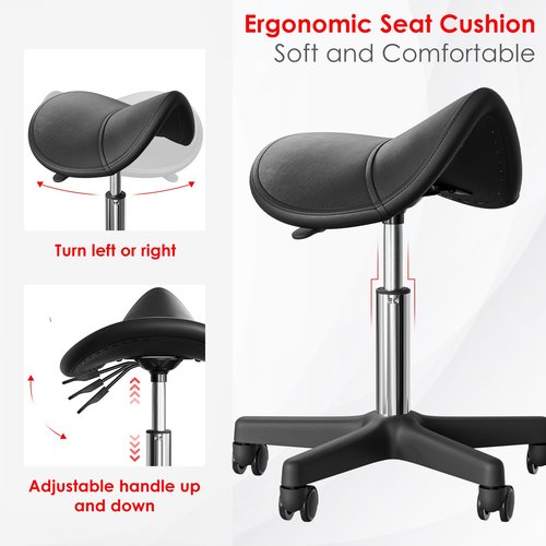 CLORIS Saddle Rolling Stool Hold up to 400 LBS Height Adjustable Swivel Chair Nylon Feet with Wheels for Spa, Massage, Salon, Home, Office, Medical, Tatoo, Bar Black
