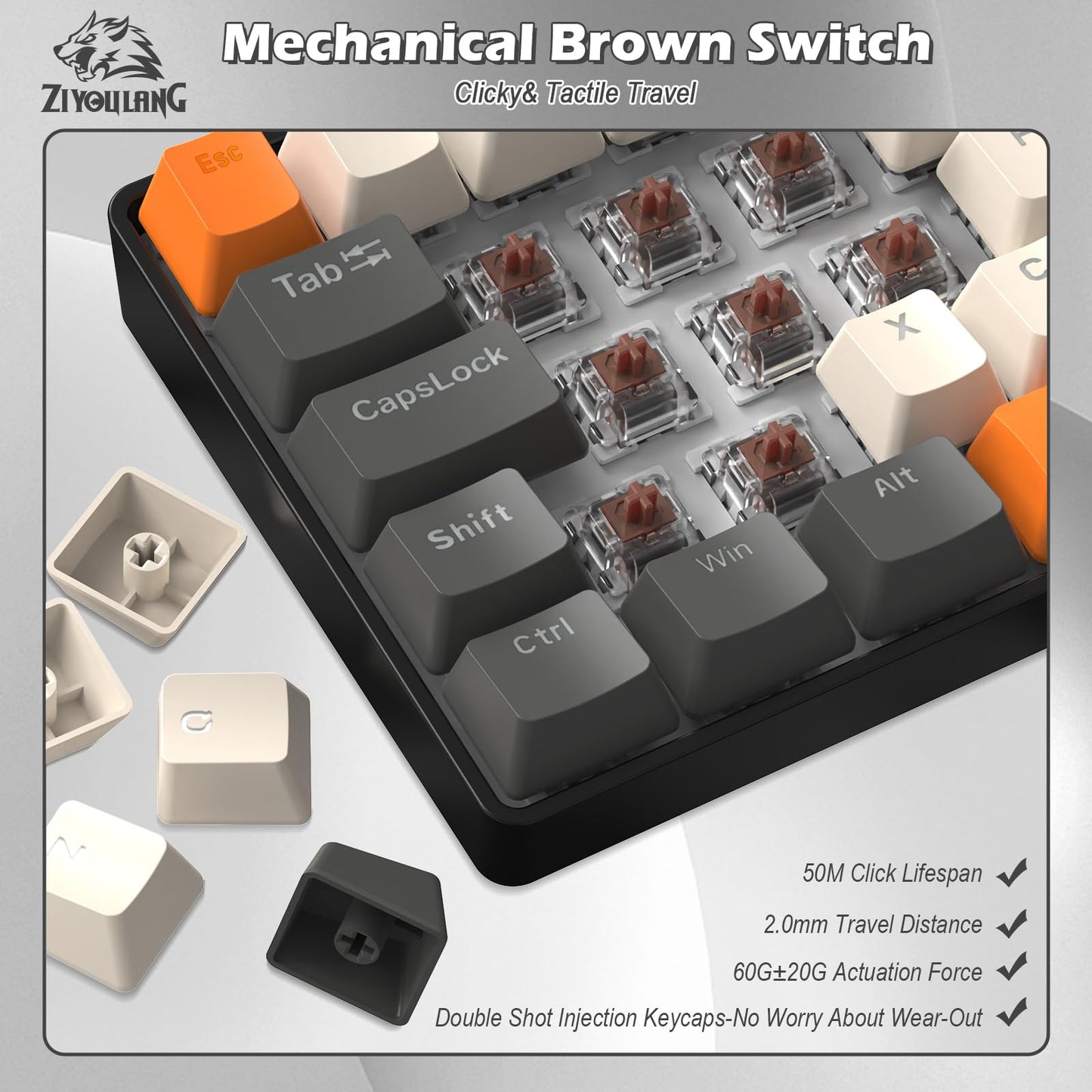 ZIYOU LANG RK-T60 Wired Mechanical Gaming Keyboard and Mouse Combo Mini Portable with Rainbow Backlit 62Key NKRO 6400DPI RGB Honeycomb Mice Coiled Aviator C Cable for PC/Win Gamer(Yellow/Brown Switch
