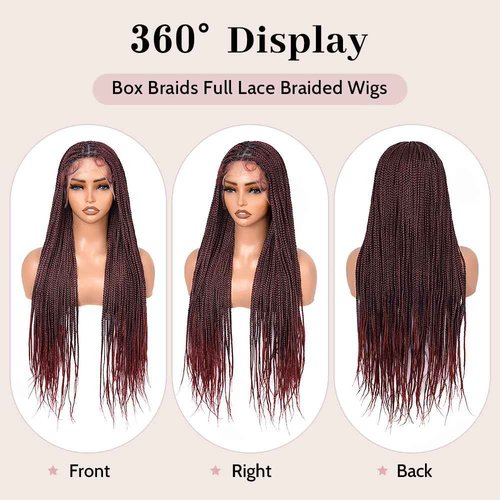 Suntefic Knotless Box Braided Wigs for Black Women Glueless Double Full Lace Front Human Hair Blended Lightweight Hand Braid Wig with Baby Hair (Ombre Burgundy, 30 Inch)