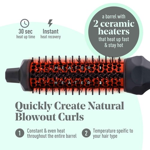 MINT Extra-Long 1.6 Inch Thermal Brush for Natural Volume & Waves | 230-430°F 2-Heater Ceramic Curling Iron Brush | Heated Round Styler