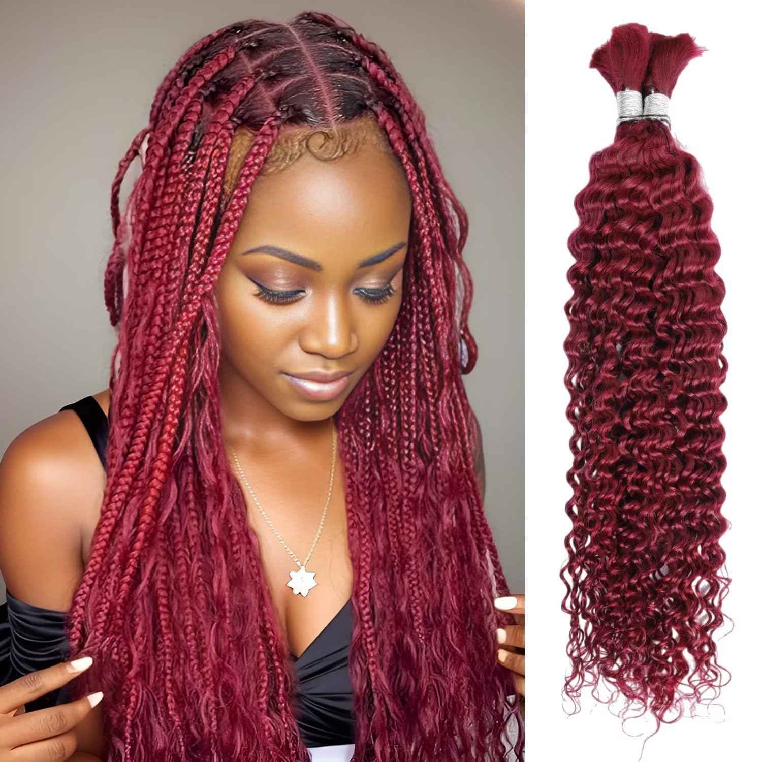 Human Braiding Hair 100g 28 Inch Deep Water Wave Bulk Human Hair for Braiding No Weft 12A Brazilian Virgin Curly Human Hair Extensions for Boho Braids Wet and Wavy 99J Red Burgundy Braiding Hair