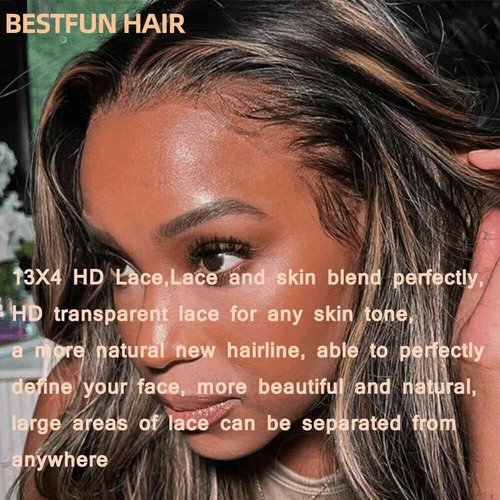 BestFun 220% Density 1B/27 Balayage Highlight Lace Front Wig Human Hair Pre Plucked 13x4 HD Lace Ombre Body Wave Wig Glusless Wigs Human Hair for Women 18 Inch