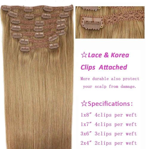 Eufficco Real Human Remy Hair Lace Clip In Hair Extensions 18inch Finsih at 18.5inch 100g Color #18 Dirty Blonde Double Wefted Thick Ends Silky Soft Long Lifespan Tangle Free Human Hair Extensions