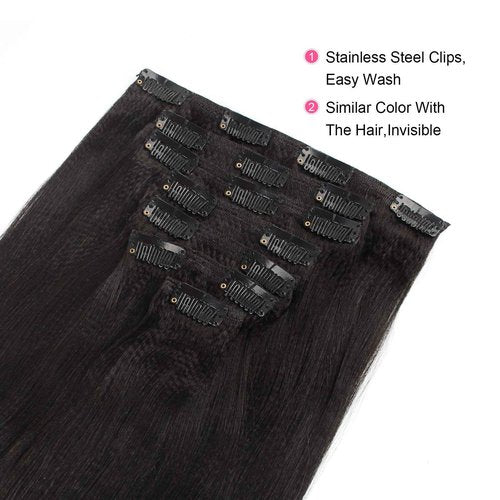 ABH AmazingBeauty Hair Real Remy Thick Yaki Straight Clip Ins Black Hair Extensions for African American Relaxed Hair 7 Pieces 120 Gram Per Set, 14 Inch
