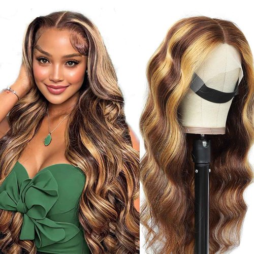 PECWU Honey Blonde Lace Front Wig Body Wave Human Hair Pre Plucked 4/27 HD Lace Frontal 180% Density Human Hair Wigs for Black Women Ombre Colored Wigs 13x6x1 Body Wave Lace Wig (24", Body4/27)