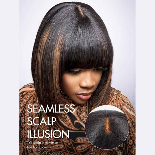 FFEGG Bob Wig with Bangs Human Hair Glueless HD Lace Straight Short Bob Wig with Brown Highlights, Ready to Go Short Wigs For Women （12 Inch bob wig）