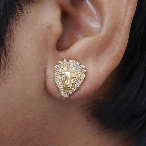 Lion Head Stud Earrings for Men in 14K White Gold Plated 925 Sterling Silver with White Cubic Zirconia Animal Face Men’s Jewelry Gift for Him, Push-Back