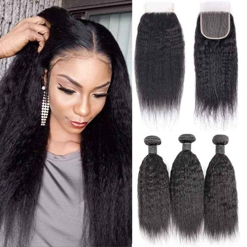 datanala Brazilian Virgin Kinky Straight Human Hair 3 Bundles with 4x4 Lace Closure 12 14 16+10 100% Virgin Yaki Human Hair Bundles With Closure Free Part Natural Black Color