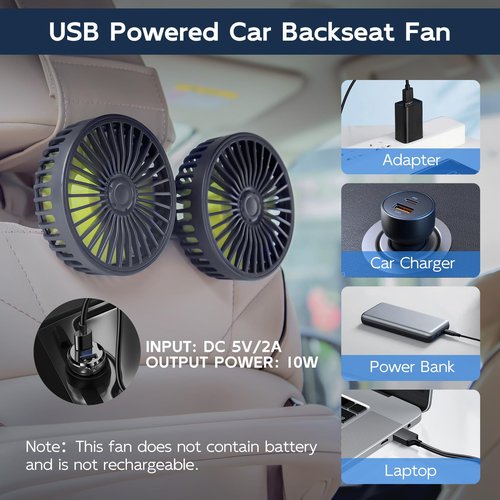 XOOL Car Fans for Backseat - Dual Head USB Cooling Car Fan for Kids, 360° Rotatable Car Rear Headrest Fan, Air Circulation Fan with Adjustable Clip for Vehicles SUV RV Truck