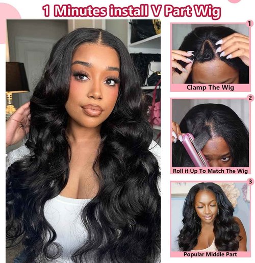 V Part Wig Human Hair Body Wave Upgrade U Part Human Hair Wig Beginner Friendly Clip In V Shape Wigs for Women Natural Black Color 22 Inch