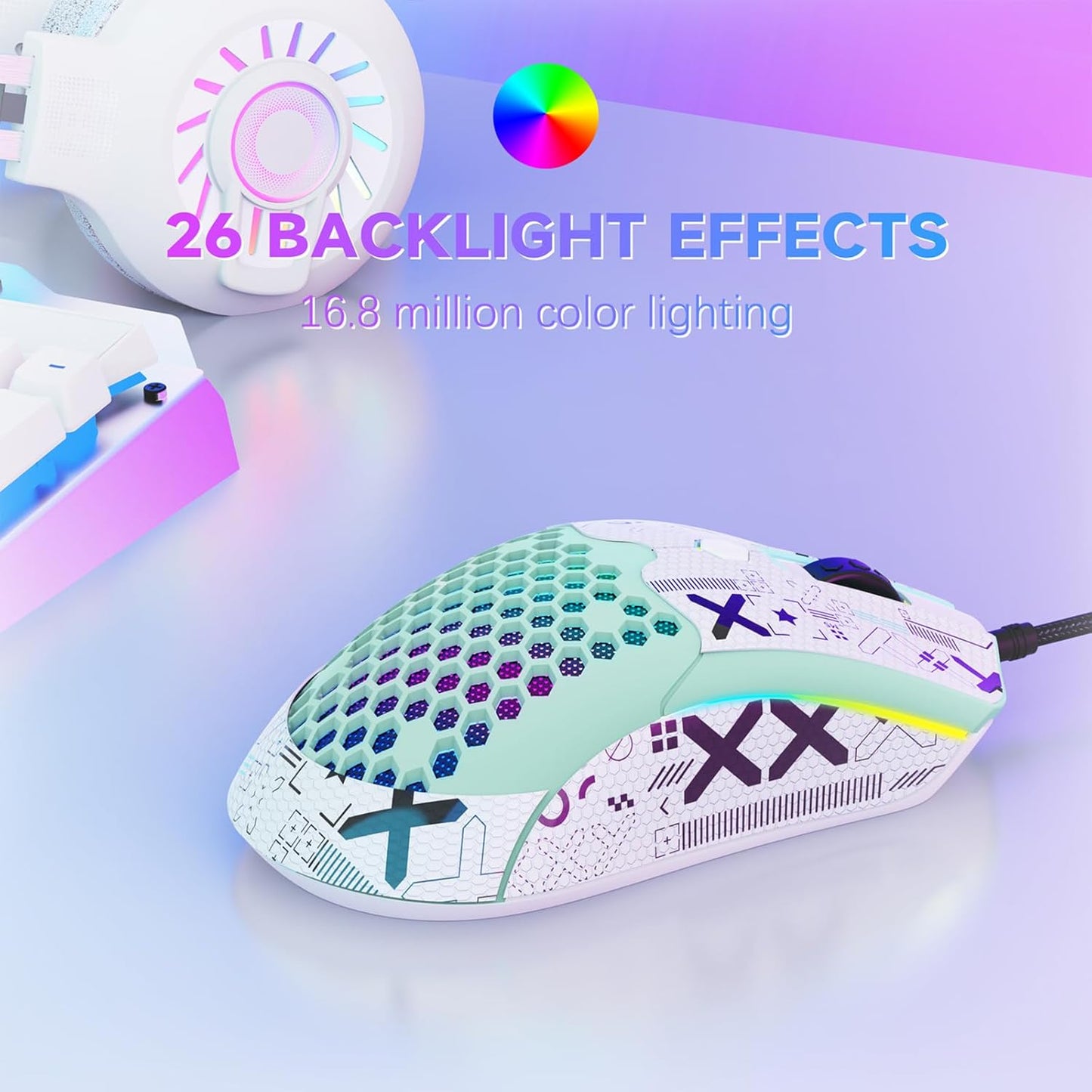 ZIYOU LANG M5 RGB Lightweight Wired Gaming Mouse with 12000 DPI 6 Programmed Buttons,65G Honeycomb Shell,Ultralight Ultraweave Cable,Pixart 3325 Optical Sensor Gamer Mice(Green)
