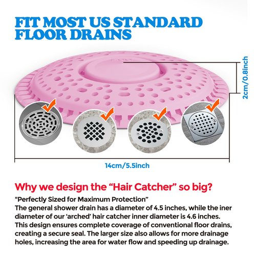 zaa Shower Drain Hair Catcher, Upgraded 2Pack Premium Silicone Drain Protector & Shower Drain Cover for Regular Floor Drains of Shower Room, Bathroom, Pink