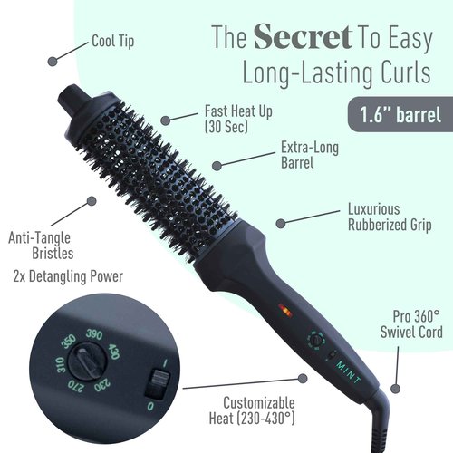 MINT Extra-Long 1.6 Inch Thermal Brush for Natural Volume & Waves | 230-430°F 2-Heater Ceramic Curling Iron Brush | Heated Round Styler