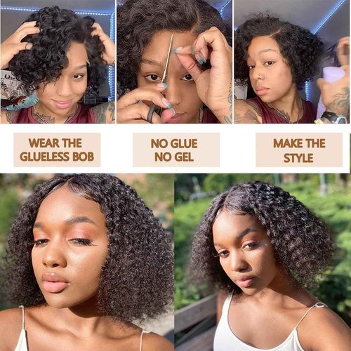 BLY 6x4 HD Lace Glueless Bob Wig Human Hair Ready to Wear and Go Short Bob Lace Pre Cut Wig Afro Kinky Curly 4C Hair 12 Inch for Women Pre Plucked Natural Black Color