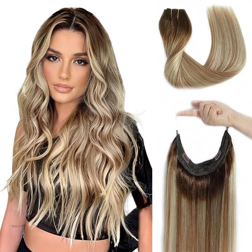 Tinashe Wire Hair Extensions Human Hair Invisible Clip in Hair Extensions Chocolate Brown to Ash Brown and Honey Blonde Secret Headband Wire in Invisible Hair 20inch 90g