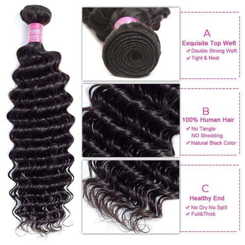10A Deep Wave Human Hair Bundles with Closure 14 16 18+12 Brazilian Deep Weave Curly Human Hair 3 Bundles with 4x4 Lace Closure Remy Unprocessed Virgin Human Hair Bundle Natural Color