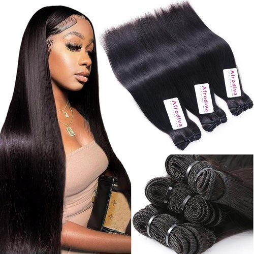 Afrodiva Straight 3 Bundles Human Hair 22 24 26 Inch 100% Unprocessed Brazilian Virgin Human Hair Bundles Double Weft Weave Bundles Straight Hair 70g/Bundle Hair Natural Color