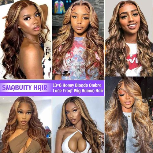 Smabuity Honey Blonde Ombre Lace Front Wig Human Hair Highlight 13X6 Body Wave Lace Front Wigs Human Hair Pre Plucked 180 Density 4/27 Glueless HD Lace Frontal Wig for Women 24 Inch