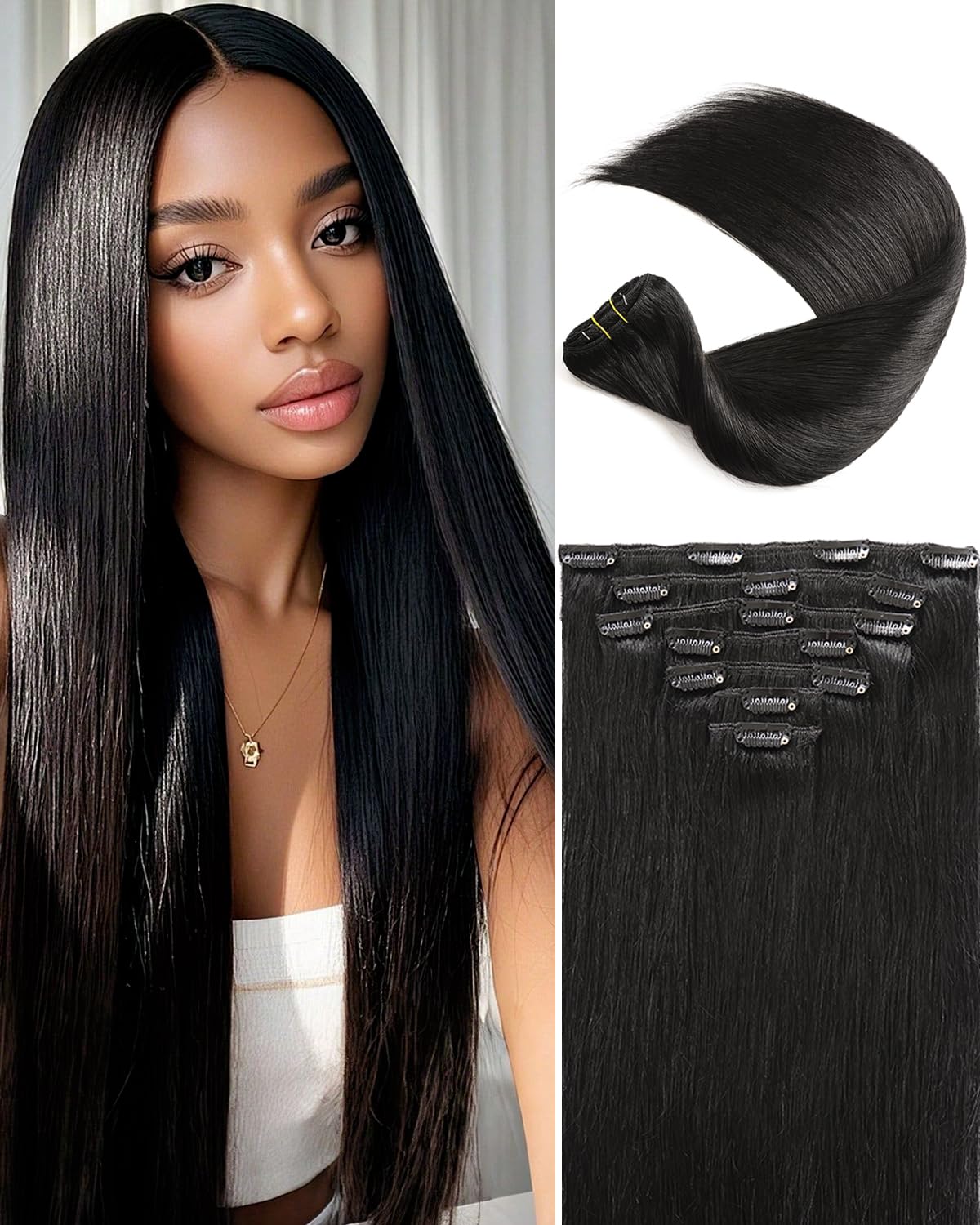 16A Premium Clip in Hair Extensions Real Human Hair, 24inch 120g 7pcs （Service life1.5~2 years）Remy Seamless Invisible Double Weft Human Hair, #1 Natural Black Multiple Washes Keep Texture Soft