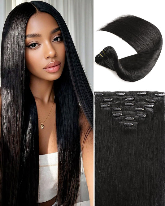 16A Premium Clip in Hair Extensions Real Human Hair, 24inch 120g 7pcs （Service life1.5~2 years）Remy Seamless Invisible Double Weft Human Hair, #1 Natural Black Multiple Washes Keep Texture Soft