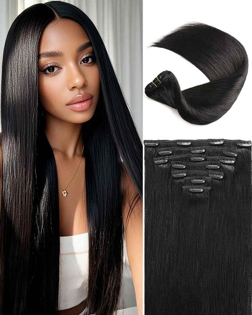 16A Premium Clip in Hair Extensions Real Human Hair, 18inch 120g 7pcs （Service life1.5~2 years）Remy Seamless Invisible Double Weft Human Hair, #1 Natural Black Multiple Washes Keep Texture Soft