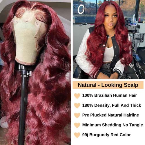 AOSUN 99j Burgundy Lace Front Wigs Human Hair Glueless Wine Red Colored Body Wave Wigs Pre Plucked with Baby Hair 180 Density 13x4 HD Transparent Frontal Wig for Women
