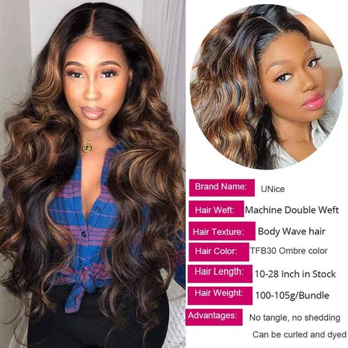 UNice Ombre Brown Highlight Body Wave Human Hair Weave 1 bundle 26 inch, Brazilian Remy Hair Dark Root Blonde Human Hair Weaves Extension Piano Color TFB30