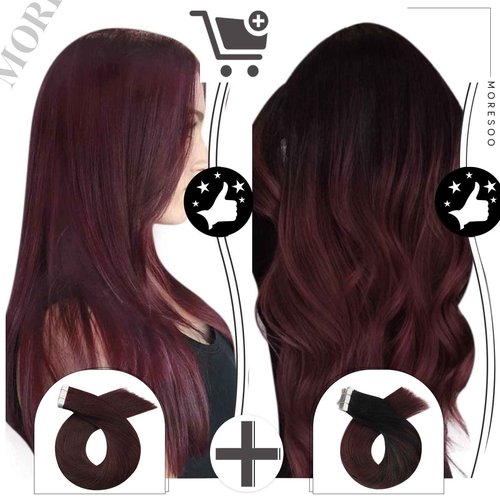 Tape Bundle Total 40 Pieces - Moresoo Burgundy Hair Extensions Tape in Human Hair Extensions 18 Inch Seamless Tape on Brazilian Hair #99J & #1B/99J