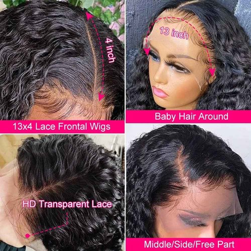 FIRIEYA 13x4 Deep Wave Lace Front Wigs Human Hair 180% Density HD Transparent Lace Frontal Wigs for Women Glueless Wigs Human Hair Pre-Plucked with Baby Hair 18 Inch