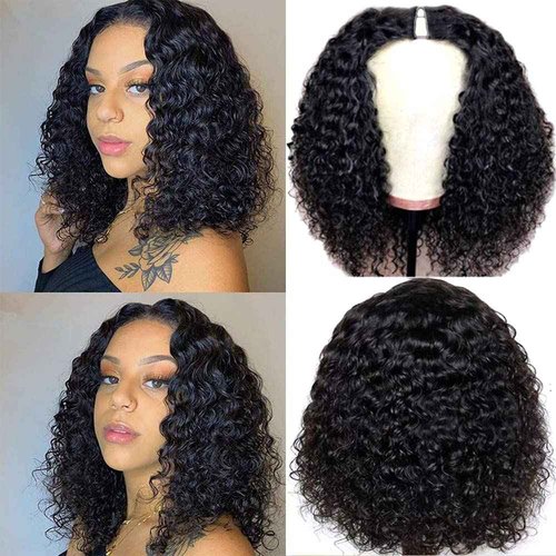 Amznlady Curly V Part Wig Human Hair Brazilian Virgin Human Hair Wigs for Black Women Upgrade U Part Wigs Glueless Full Head Clip In Half Wig No Leave Out 180% Density Natural Black 16 Inch