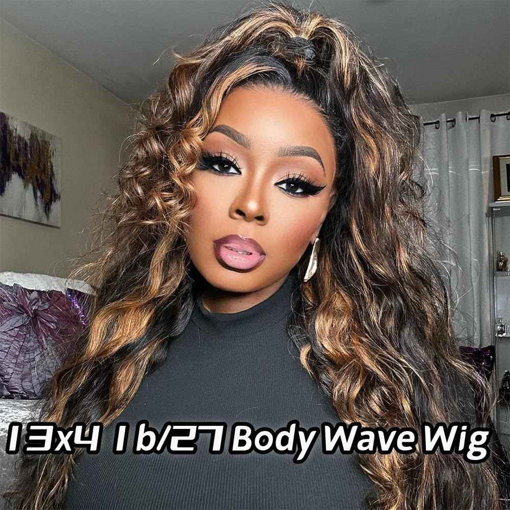 22Inch 1b/27 lace front wig human hair 13x4 200% Density Body Wave Balayage Wig Human Hair HD Transparent Lace Glueless Wig Highlight Colored Wig Pre Plucked HD Lace Frontal Wigs