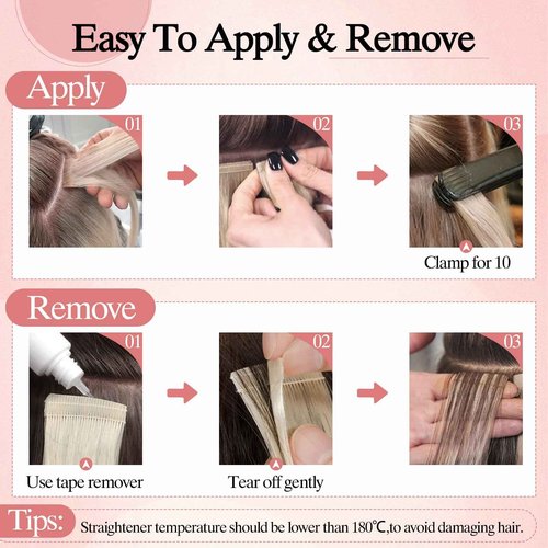 SEGO Double-Stitched Tape in Hair Extensions - Invisible, Long Straight Human Hair for Women, 20 Inch, #60 Platinum Blonde, 20pcs 46g