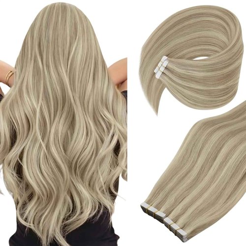Ve Sunny Tape in Hair Extensions Human Hair Blonde Highlights Hair Extensions Tape in 24inch Human Hair Extensions Seamless 20Pcs 50G