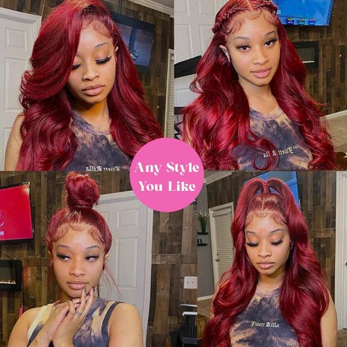 ZGBZGB 99j Burgundy Lace Front Wigs Human Hair 13x4 HD Transparent Body Wave Lace Front Wigs Human Hair Pre Plucked 180% Density Glueless Wine Red Human Hair Wigs for Women (28)