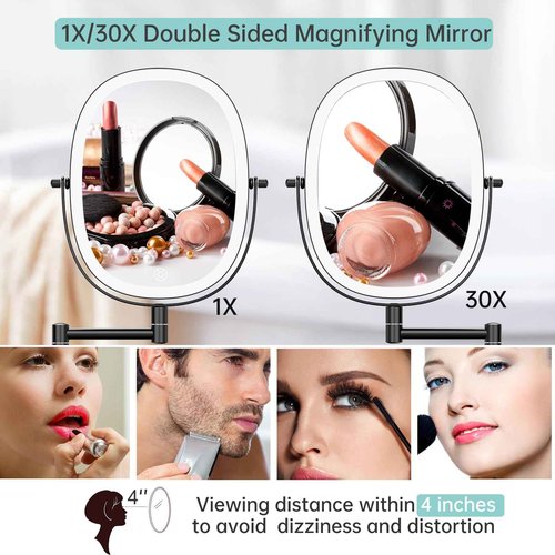 FUNTOUCH 30X/1X Wall Mounted Lighted Makeup Vanity Mirror, Rechargeable Double Sided Bathroom Magnification Mirror, 3 Dimmable Light Settings, Extension Arm, Oval Frame, Ideal for Makeup,Black