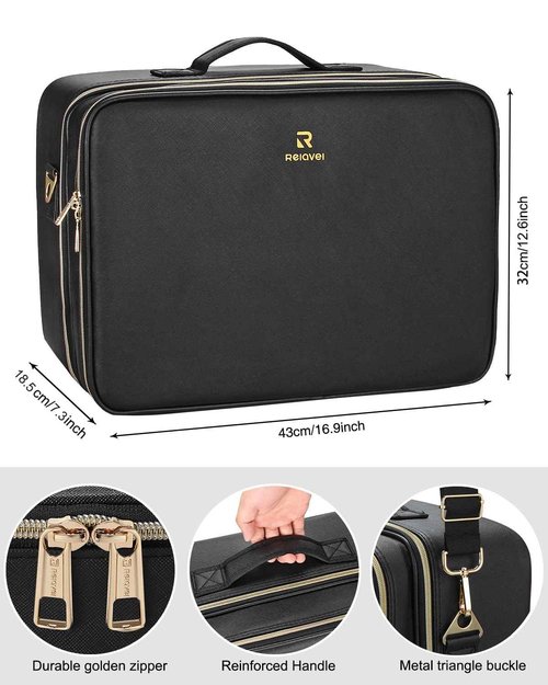 Relavel Extra Large Makeup Bag, Makeup Case Professional Makeup Artist Kit Train Case Travel Cosmetic Bag Brush Organizer, Waterproof Leather Material, with Adjustable Shoulder Straps and Dividers