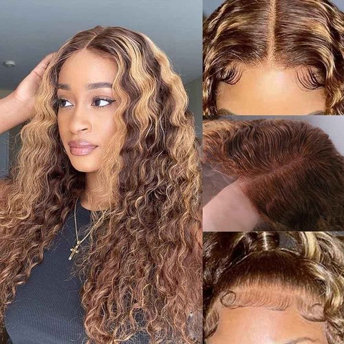 Azibo 13x5 Full Lace Front Wigs Human Hair Pre Plucked 4/27 Water Wave Wigs 200% Density Highlight Honey Blonde Lace Front Wigs Human Hair 20inch