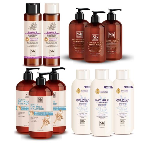 Soapbox Moisturizing Hand Soap, Biotin Shampoo and Conditioner, Oat Milk Lavender Body Wash, Almond Lotion - Ultimate Combo Pack