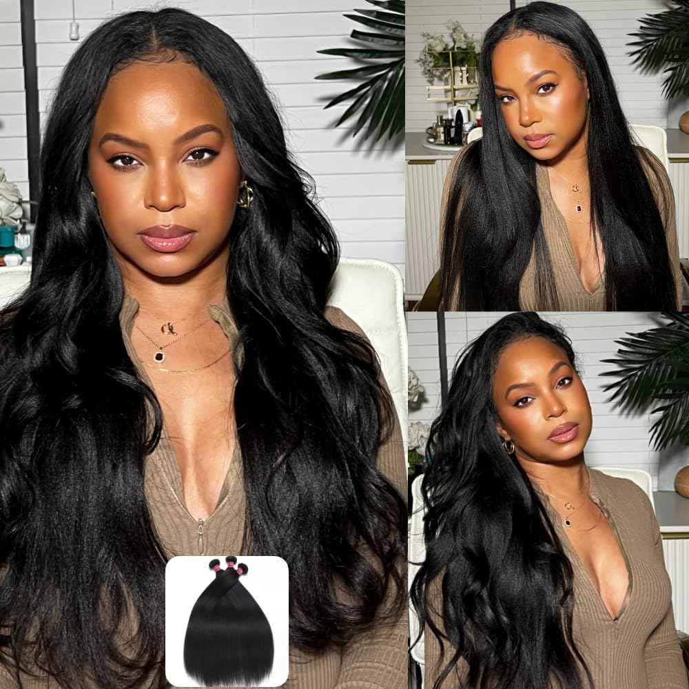KLAIYI Yaki Straight Bundles Human Hair Weaves Unprocessed Real Virgin Hair Sew In Extensions 3 Bundles 10 12 14Inch, 12A Kinky Straight Double Wefts for Women Cllip In Light Yaki Natural Black Color