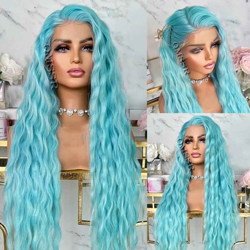 QMSSR Light Blue Lace Front Wigs Loose Curly Wave Hair Wig Pre Plucked Glueless Blue Wig Long Wavy Synthetic Lace Front Wigs For Women