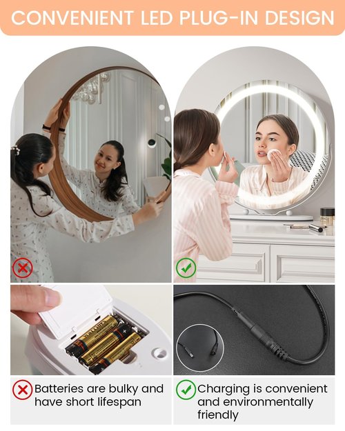 GAOMON Vanity Mirror with Led Lights, 19 Inches Touch Control 3 Color 2024 New Dimmable Makeup Mirror, 360°Rotation Round Desk Mirror, Easy to Assemble (White)