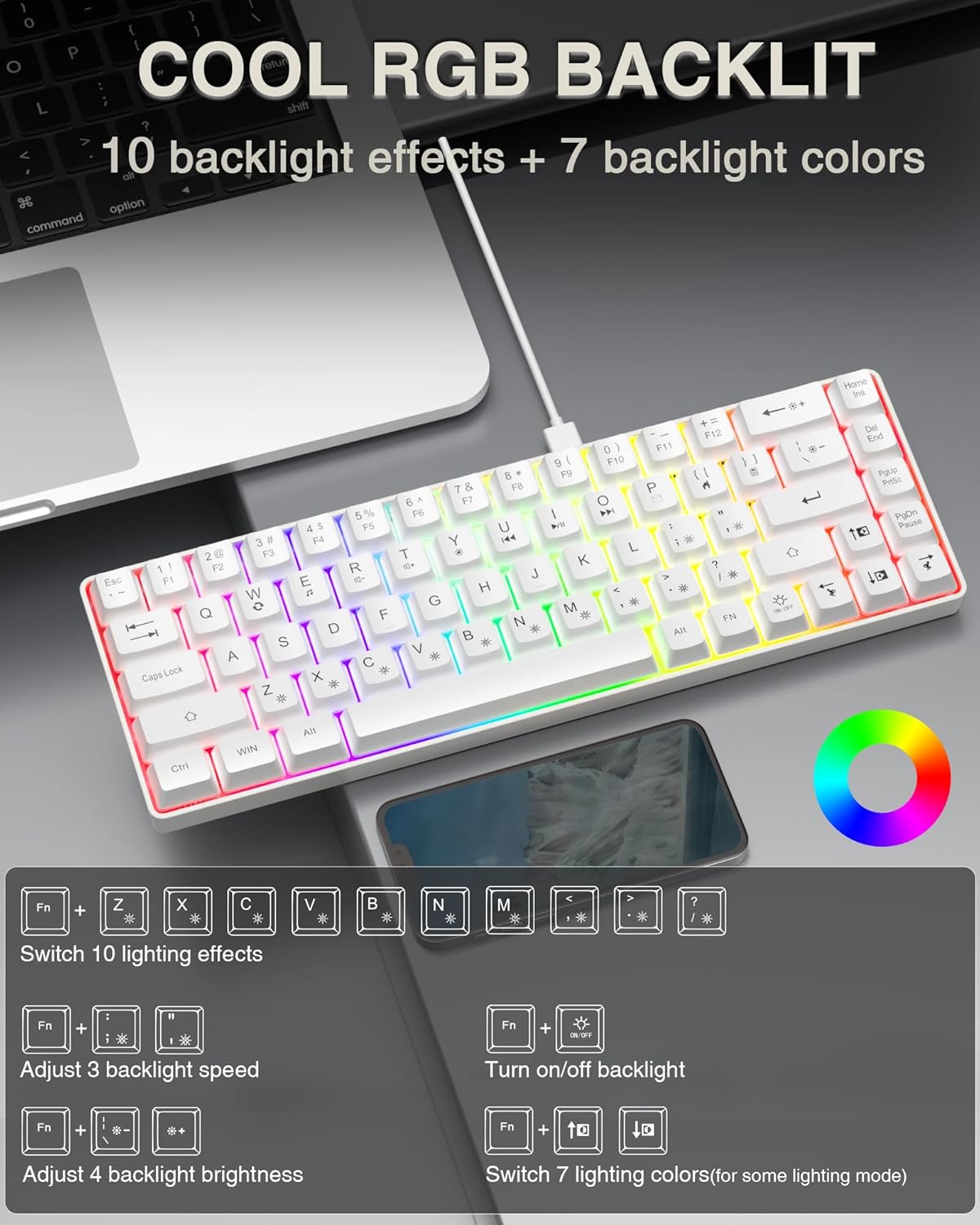 60% Gaming Keyboard,Small Keyboard USB-C Wired,Compact Mini Teclado Gamer,68 Keys RGB Backlit Portable Membrane Keyboards for Business Trips,Office,PC Games (SK968,White)