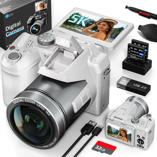 64MP 5K Professional Digital Cameras for Photography - WiFi, Autofocus 16X Zoom, 3” 180° Flip Screen, 32G Card & 2 Batteries, Vlogging Camera for YouTube Live Streaming (White)
