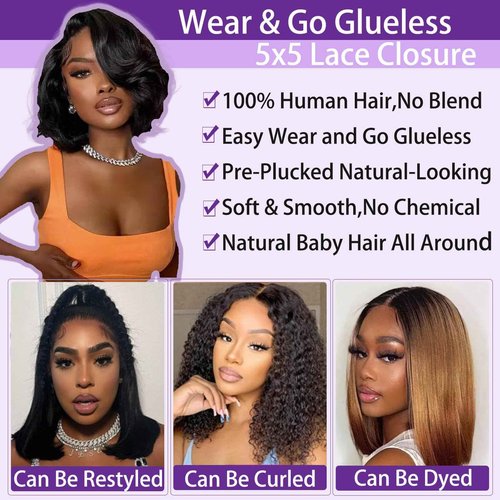 Bob Wig Human Hair Glueless Wigs Human Hair Pre Plucked Pre Cut Body Wave 5x5 Lace Closure Wigs 180 Density 100% Brazilian Virgin Hair Short Wigs for Black Women (16 inch)