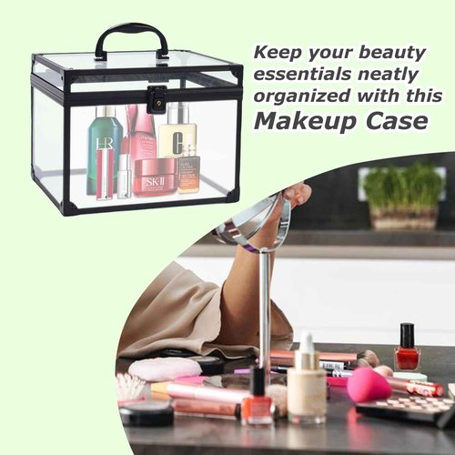 Crown Box, Clear Cosmetic Case, Acrylic Artists Display Case, Toiletry Train Case with Latches & Handle Large Capacity Acrylic Travel Makeup Tools Box for Vanity Dresser Bathroom Counter (Black)